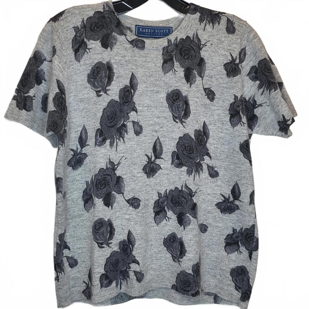 Karen Scott Lambs wool/Angora grey floral sweater size Petite Large